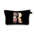 Black polyester pouch with golden letter R and realistic colorful floral print - Letter R