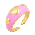 Adjustable copper heart ring with golden edges and pink enamel finish for women - Pink - Embossed Heart