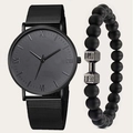 Mens minimalist black quartz watch with mesh strap and beaded dumbbell bracelet set - Black Needle Style With Bracelet / Black Watch Set With Bracelet