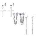 Three pairs of silver stainless steel earrings featuring cross, chain, and feather charms - Set 1 (Silver - Cross/Cuban Chain/Feather)