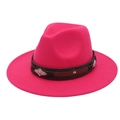 Detail of wide brim pink wool fedora hat with leather belt and metal concho ornaments - Rose Red