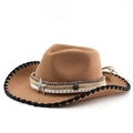 Brauner Western-Cowboyhut mit metallischen Stern-Akzenten und Wellennaht an der Krempe - Genähter khakifarbener Hut mit schwarzem Rand