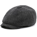 Detailed close-up of dark grey herringbone newsboy cap featuring wool-like texture - 56-59cm / Large Herringbone Octagonal Black