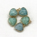 Detailed view of heart-shaped malachite stone pendants with golden metal edges for jewelry - 15x18mm / Blue Green Stone