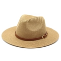 Classico cappello da sole in paglia kaki con fascia in pelle marrone e fibbia dorata - M (56-58cm) / Cachi