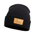 Classic black knitted beanie for kids with a cute dinosaur leather patch for autumn and winter - Black