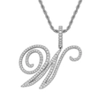 Macro shot of silver letter M cursive pendant featuring pave-set cubic zirconia stones - Letter W / Silver (Pendant Only)