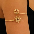 Golden sun arm cuff with turquoise gemstone and vintage spiral design for women - KC Gold with Tiger Eye (3488)