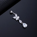 Silver butterfly belly button ring with white zircon and teardrop dangle charms - Large and Small Teardrop Butterfly Silver