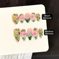 Uñas postizas degradadas rosa y verde con flores 3D y mariquitas, forma almendrada - XS / Almendra Corta