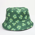 Detail view of reinforced stitching on the brim of a green shamrock print bucket hat - One Size (58cm) / Green Clover Print