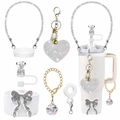 White Stanley cup accessory set with diamond chain, glitter heart charm and silicone boot - Pure White Crystal Glitter Set