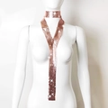 Detail of a sparkling rose gold sequin mesh necktie necklace on a fashion model - Rose Gold Aluminum Sequin