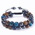 Double-layer braided bracelet with 10mm tiger eye and hematite stone beads - Sky Blue Tiger Eye Bracelet