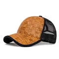 Straw weave baseball cap with black mesh back and curved brim in natural wood tone - Dark Khaki