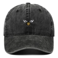 Vintage washed dark grey cotton baseball cap with detailed bee embroidery on front - Black