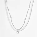 Double-layer pearl necklace with silver snake chain and sparkling zircon pendant - Silver Necklace (PDD950)