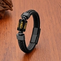 Men's braided black leather bracelet with stainless steel gold rune bead on wood - Style 3 / 19cm