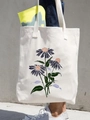 Off-white canvas tote bag with purple floral print and yellow inner organizer bag - Purple Blue Flowers