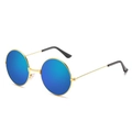 Side view of vintage gold metal round sunglasses with reflective blue mercury lenses - Gold Frame Ice Blue Lens