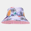Detail of reversible sun hat with tropical leaf print and pink checkered inner lining - Purple Tropical Leaf Style (1#色)