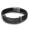 Bracciale punk da uomo in pelle nera intrecciata con catena in acciaio vintage e chiusura magnetica - 19cm / Nero Vintage