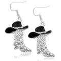 Western cowboy boot and hat drop earrings in silver finish with black enamel and zircons - Style 7 (Black Hat Silver Boot)