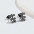 Macro view of matte black leaf-shaped stainless steel stud earrings with butterfly backs - 534 Multi-Leaf Plant - Black