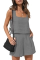 Women's two-piece casual set featuring a grey square neck tank top and linen shorts - S / Gray