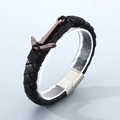 Bracciale da uomo in pelle nera intrecciata con ancora marrone scuro e chiusura magnetica - Pelle Nera + Ancora Marrone