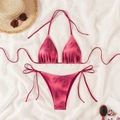 Detailed flat lay of pink tie-dye bikini set with summer hat and sunglasses - XS / Red Tie-dye