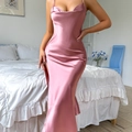 Elegant pink satin nightgown with cowl neck and side slit, long slip dress sleepwear - S / Pink