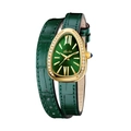 Women's quartz watch featuring green serpent head case and double wrap leather strap - Gold Green