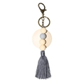 Nordic handmade keychain with grey beads and long fringe tassel on white background - Gray