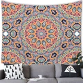 Detail of bohemian mandala tapestry with vibrant orange and blue patterns in a living room - 100x70cm (Short Plush) / Orange Red Yellow Navy Symmetrical (26)