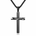 Men's minimalist black stainless steel cross necklace featuring JESUS engraved pendant - Black