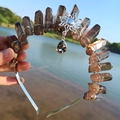 Brown crystal point tiara with silver sun pendant and teardrop gem on silver headband - Tawny/Sun/Smoky Grey Pendant