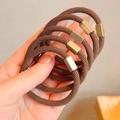 Five-pack of dark coffee elastic hair ties with stylish metallic square accents - Metal Square Buckle / Light Coffee With Square Joint