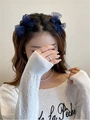 Set of two navy blue mesh bow hair clips worn by a model in a Japanese style look - Navy Blue