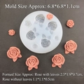 Detail of rose silicone mold showing pink resin flowers and dimensional measurements - 7-Cavity Roses with Leaves Mold