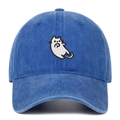 Detailed close-up of cartoon cat embroidery on washed vintage blue cotton baseball cap - Dark Blue