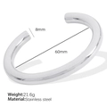 Bracelet jonc en C en acier inoxydable argent poli de 8mm de large et 60mm de diamètre - Diamètre intérieur 60mm / Argent Largeur 8mm