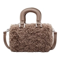Brown fuzzy faux shearling crossbody bag with leather handles and silver hardware - Chocolate