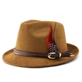 Cappello Fedora classico in camoscio marrone con fascia in pelle intrecciata e piuma - M (56-58cm) / Cachi