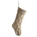 Beige knitted Christmas stocking with classic cable knit pattern and hanging loop - Flaxen