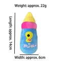 Squeaky plush dog toy with yellow duck embroidery, blue pink yellow finish, 14cm size - Blue Milk Bottle