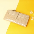 Beige multi-slot long wallet featuring crocodile pattern leather and snap button strap - Long Style / Apricot