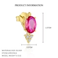 925 silver gold plated stud earrings with oval red zircon and white stones - 925 Silver / Gold Color / Single Oval Pink Zirconia (E4707)