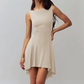 Detail view of the asymmetric hemline on this elegant beige sleeveless midi dress - S / Apricot