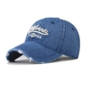 Blue washed denim baseball cap with California embroidery and distressed ripped brim style - Adjustable / California Deep Denim